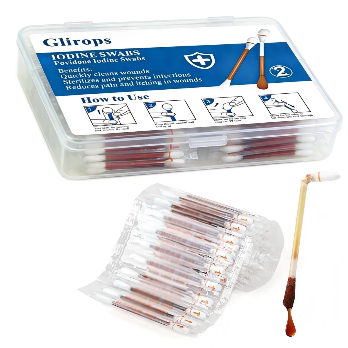  CURAD 100 Povidone Iodine Swabsticks 10% Snap-to-Activate First Aid — product photo