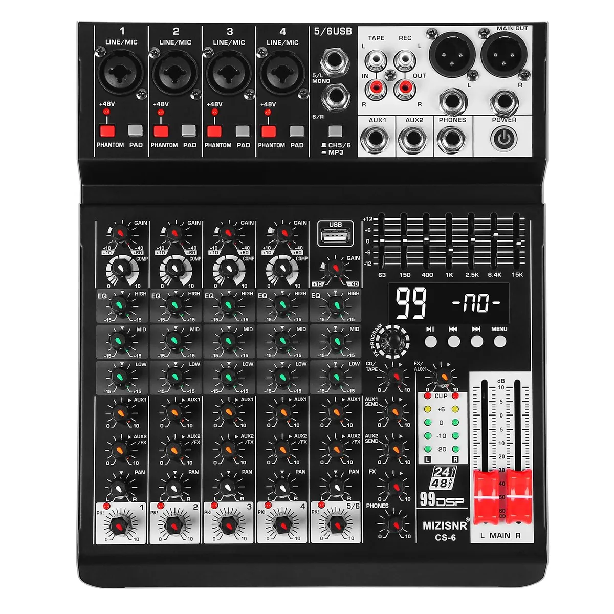  MIZISNR CS-6 6 Channel DJ Mixer 99 DSP 7-band EQ USB Bluetooth 48V Phantom Power — product photo