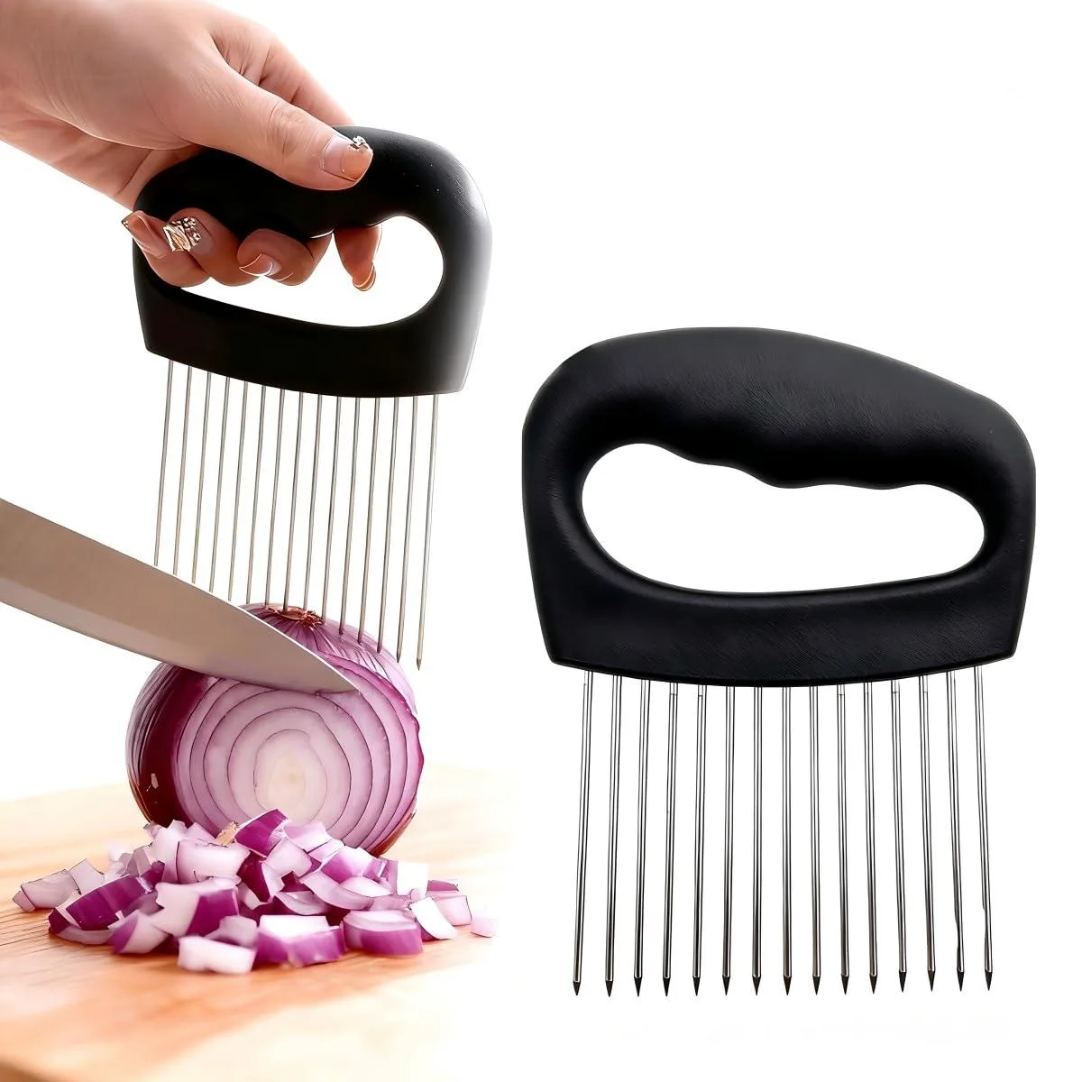 Black stainless steel onion slicer with 16 long needles and ergonomic handle
