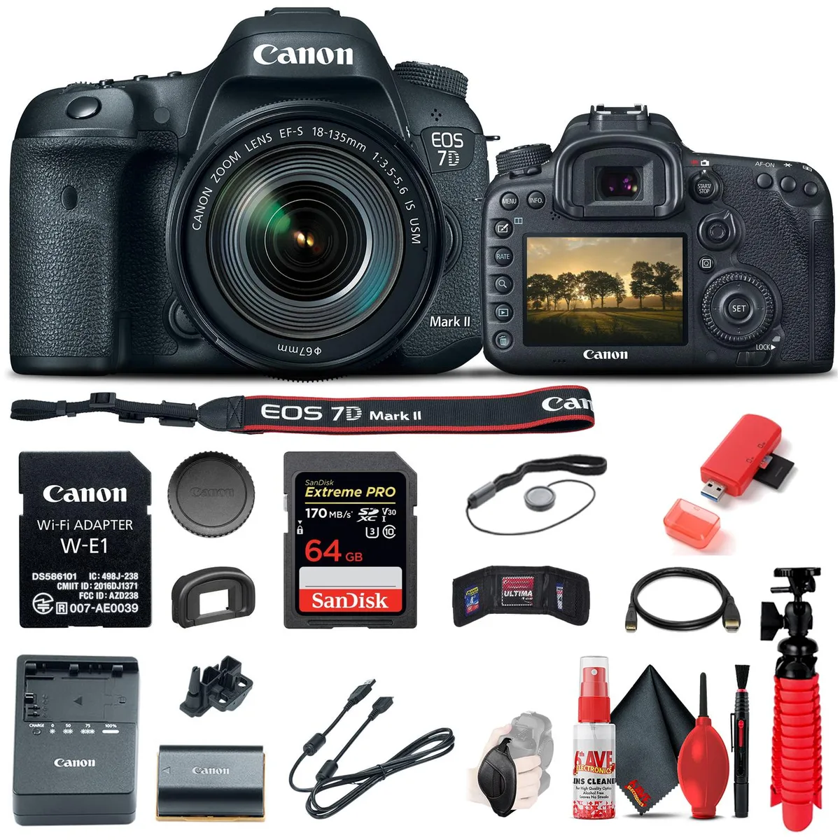 Canon Canon EOS 7D Mark II 20.2MP DSLR Camera 18-135mm f/3.5-5.6 IS USM Lens W-E1 Wi-Fi Adapter 64GB Card Bundle — product photo