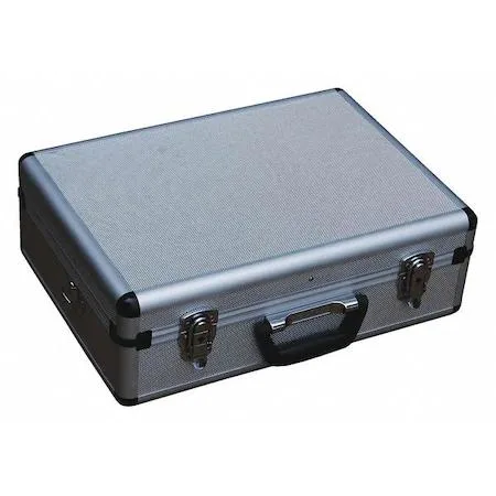 Silver aluminum tool case, 18 by 14 by 6 inches, two latches, folding handle