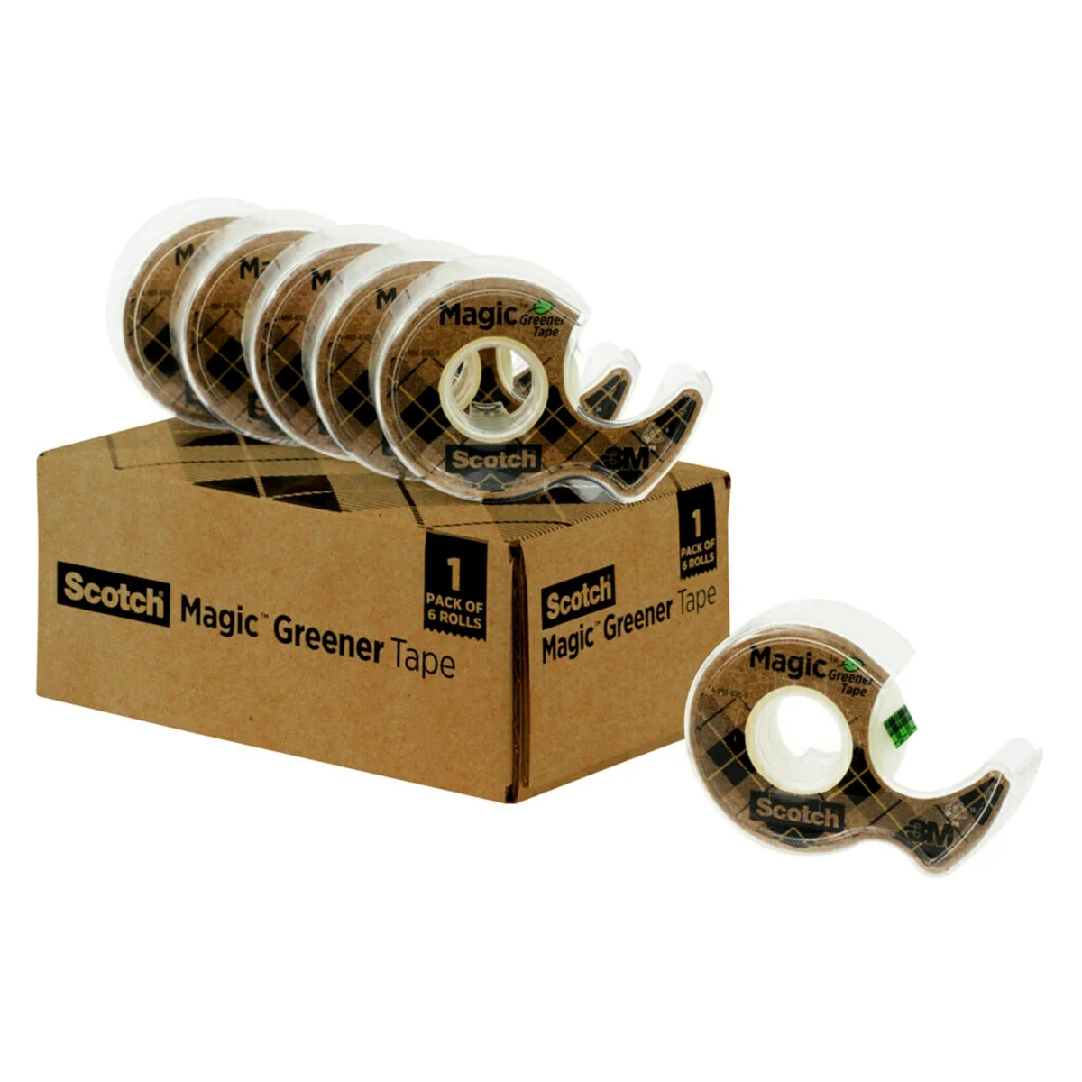 Six clear tape rolls in recycled plastic dispensers