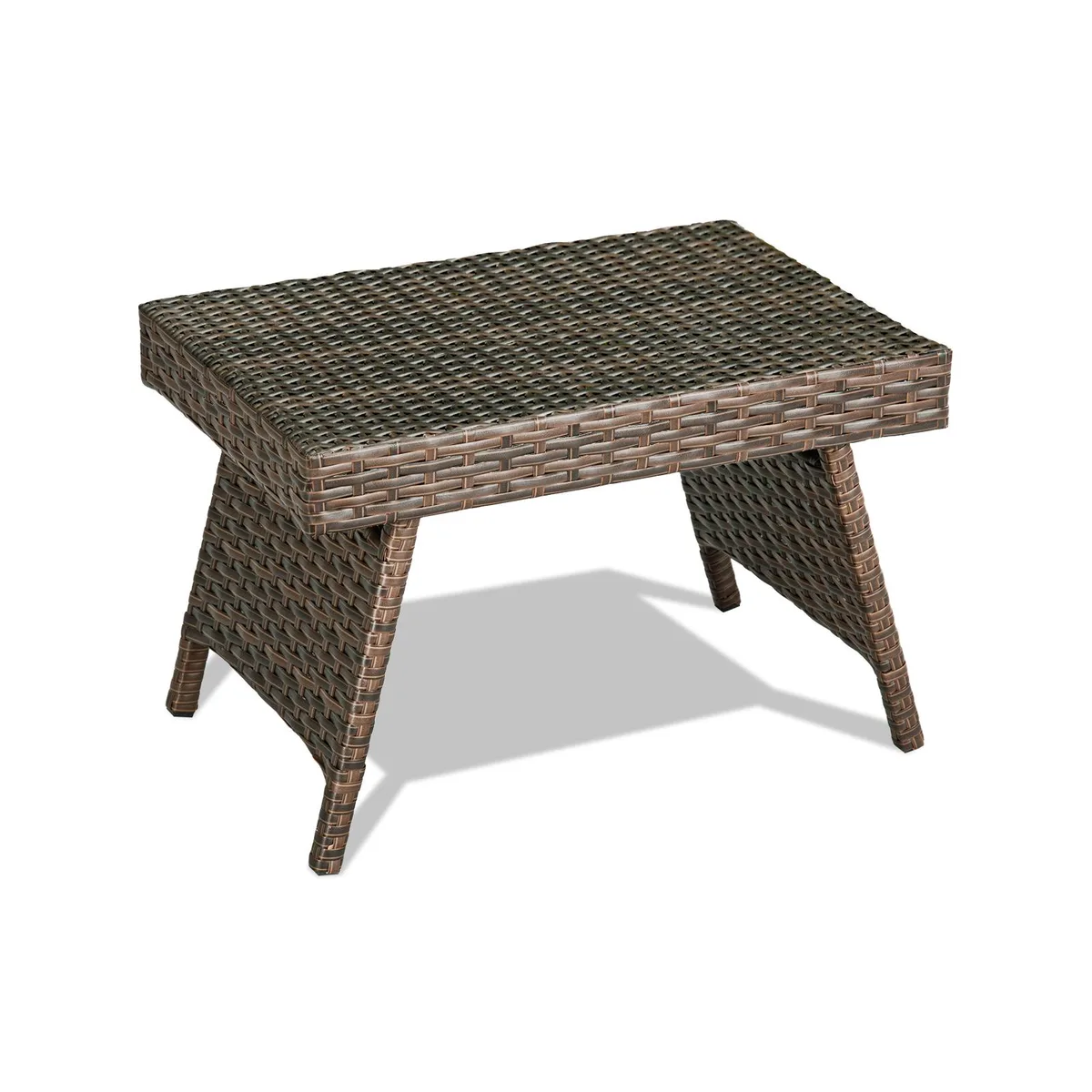 Folding brown PE rattan side table with metal frame, 23.5 by 16 by 15.5 inches open