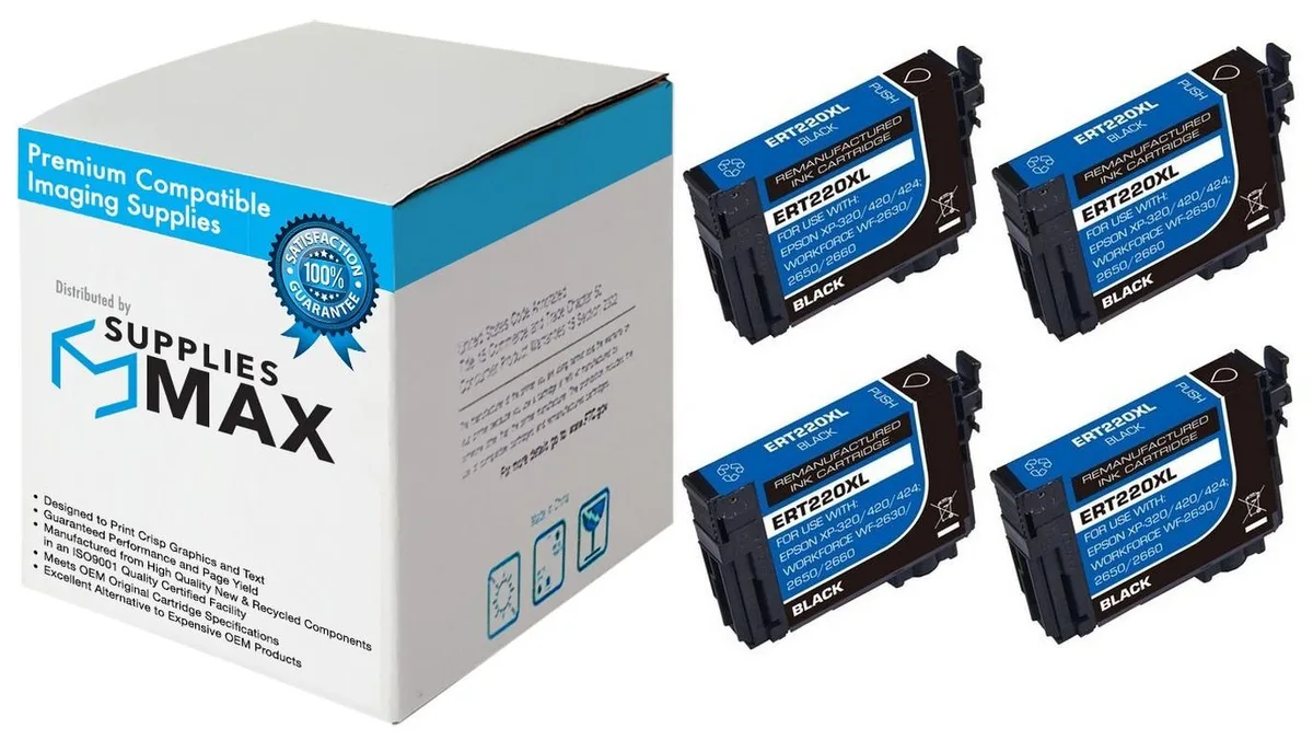 SuppliesMax SuppliesMax Epson T220XL120_4PK Remanufactured Black Inkjet 4 Pack 500 Pages — product photo