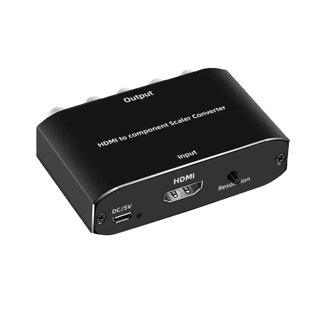 Small black metal box with HDMI port and five RCA jacks
