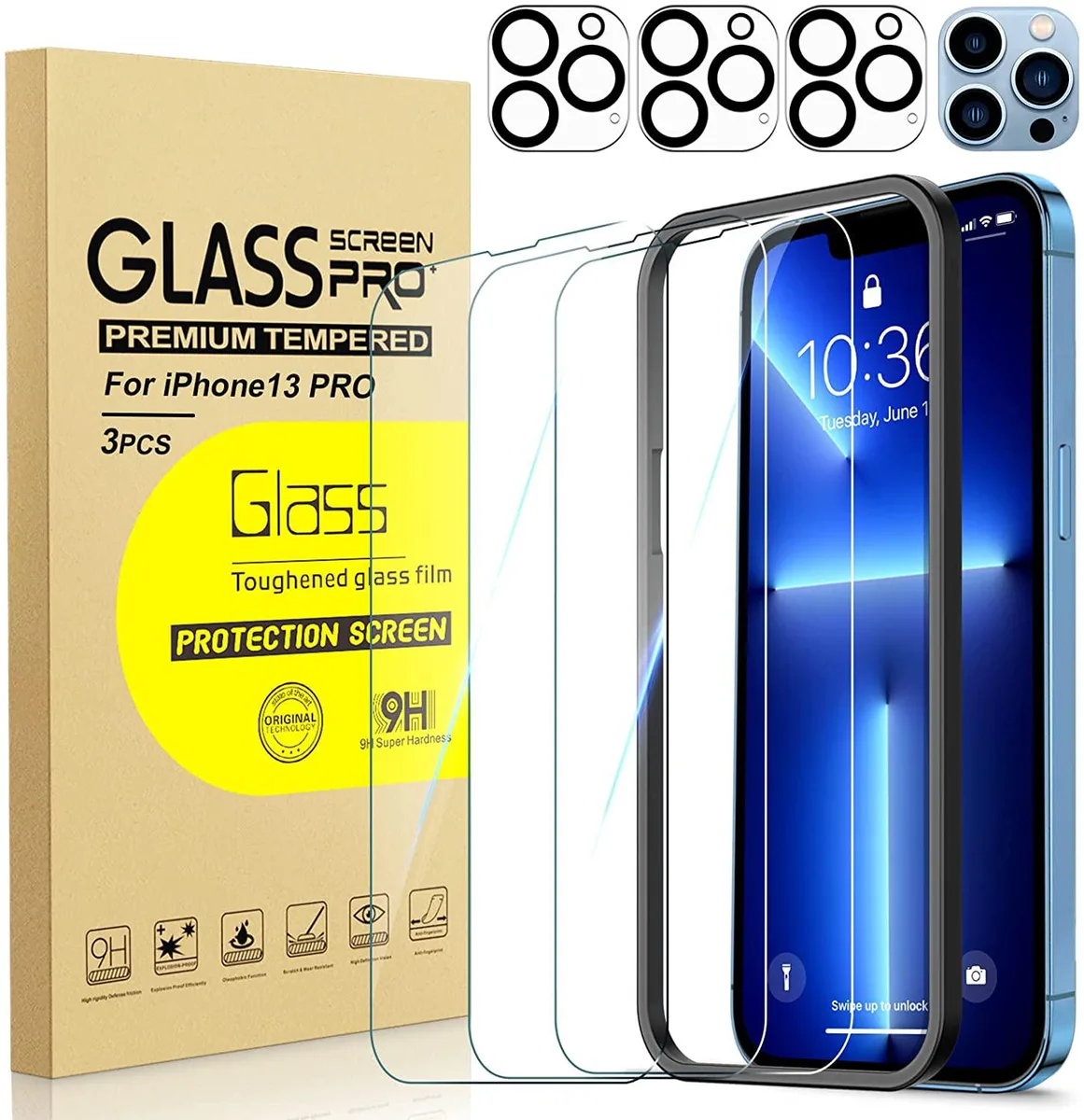 BONAEVER BONAEVER 3-Pack Tempered Glass Screen Protector iPhone 13 Pro 6.1" + Camera Lens Protector — product photo