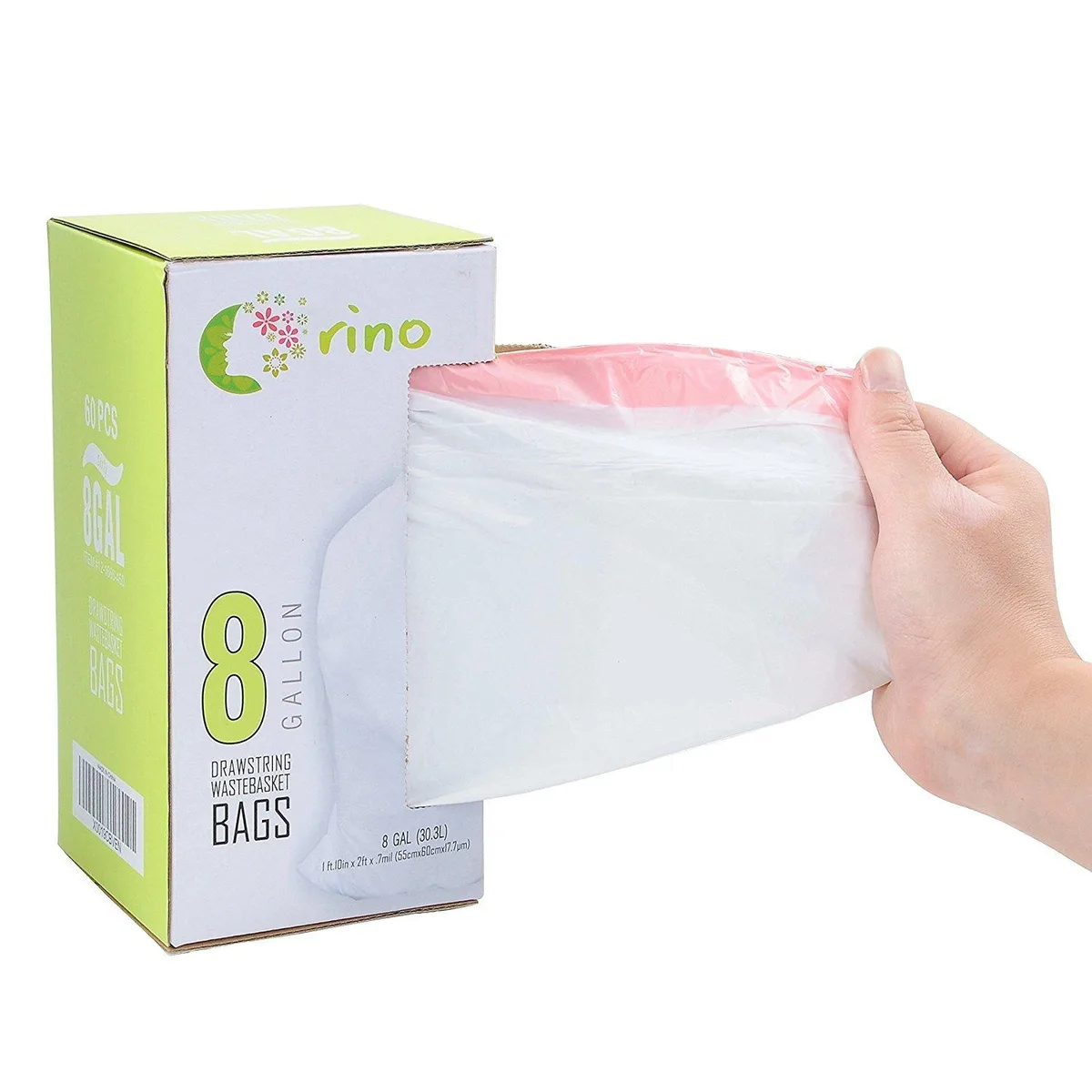  Orino 8 Gallon White Drawstring Trash Bags 60 Count 0.74 mil 22" x 24 — product photo