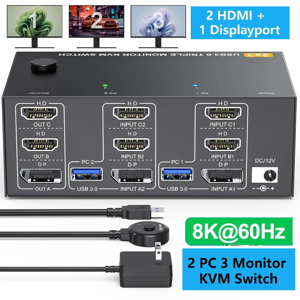 SMA SMA 203HHD Triple Monitor KVM Switch 2 HDMI 2.1 1 DP 1.4 8K60 4K144 USB 3.0 — product photo