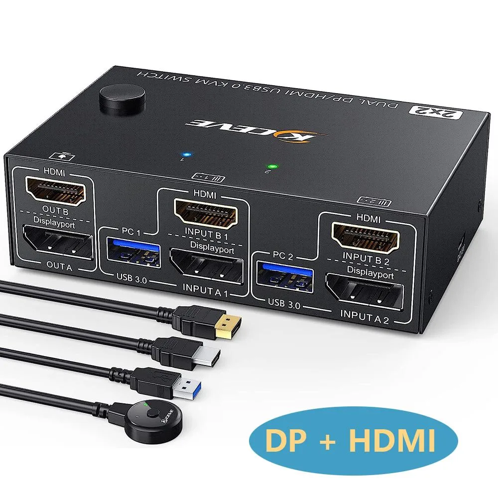 AUTYUE AUTYUE Dual Monitor KVM Switch HDMI+DP 2×2 4K@60Hz 2K@120Hz 4 USB 3.0 Wired Remote — product photo