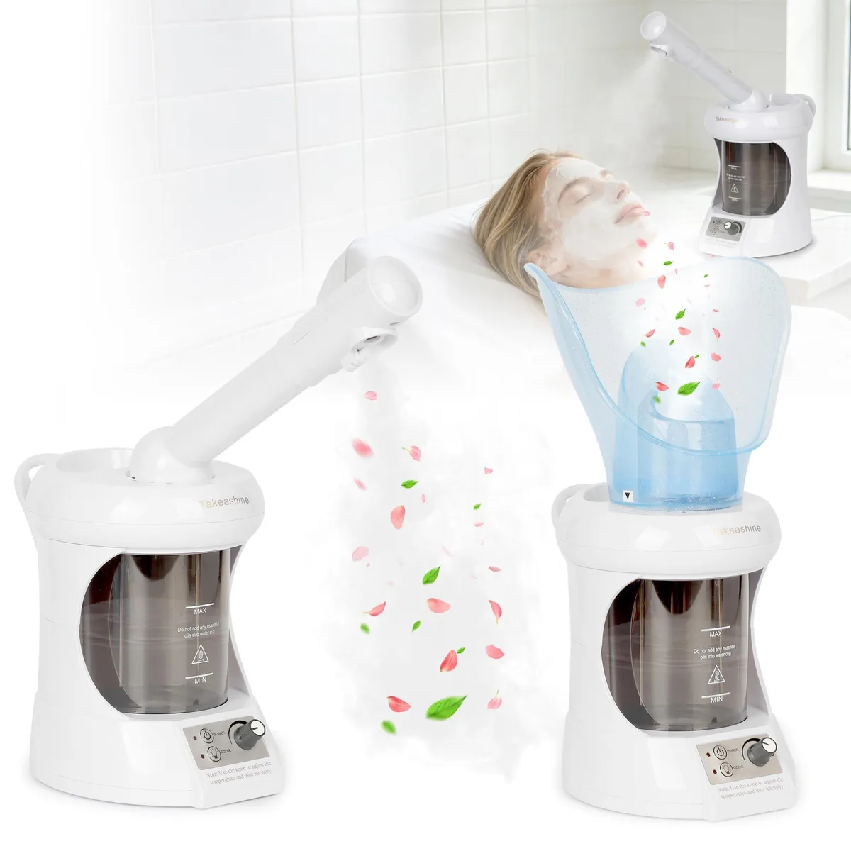 White 2-in-1 facial and nasal steamer with extendable arm and two nozzles