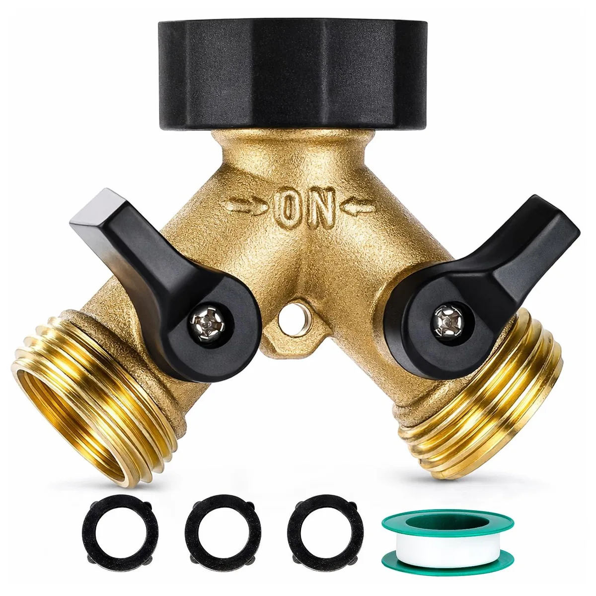 Twelve brass Y-shaped hose splitters with dual shut-off valves and UNF threads