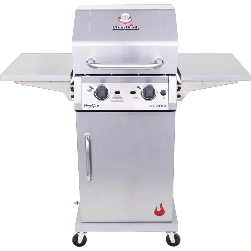 Stainless steel two-burner gas grill with folding side shelves, lid temperature gauge, porcelain-coated grates and cabinet storage
