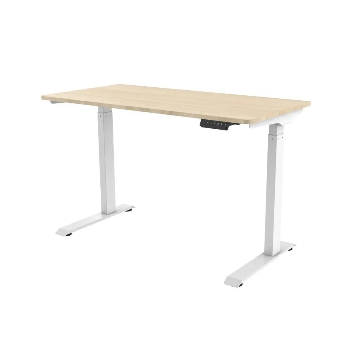 White sit-stand desk with single motor frame and wood top