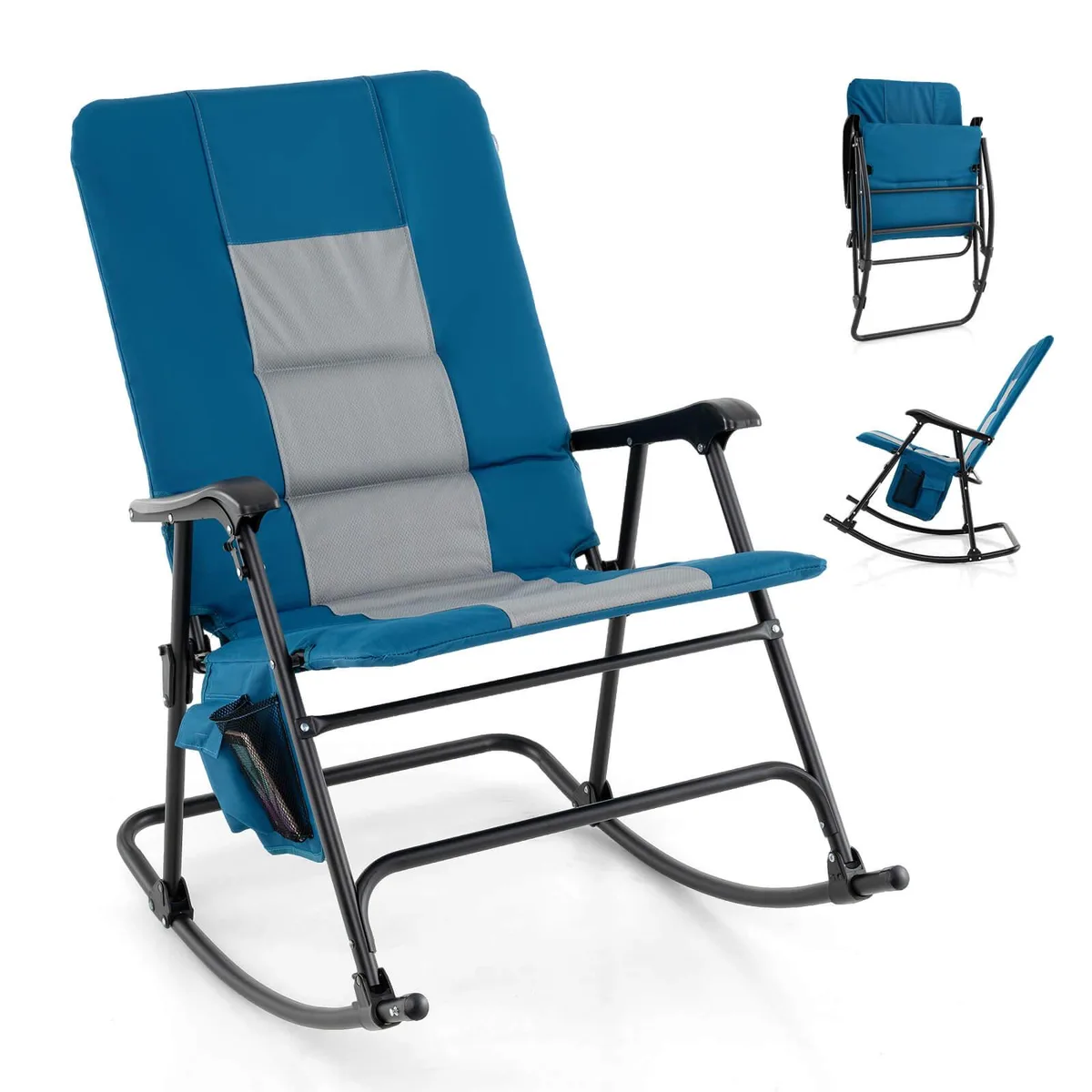 Oversized folding rocking chair with rustproof metal frame, padded seat and backrest, armrests, side pocket, neutral fabric