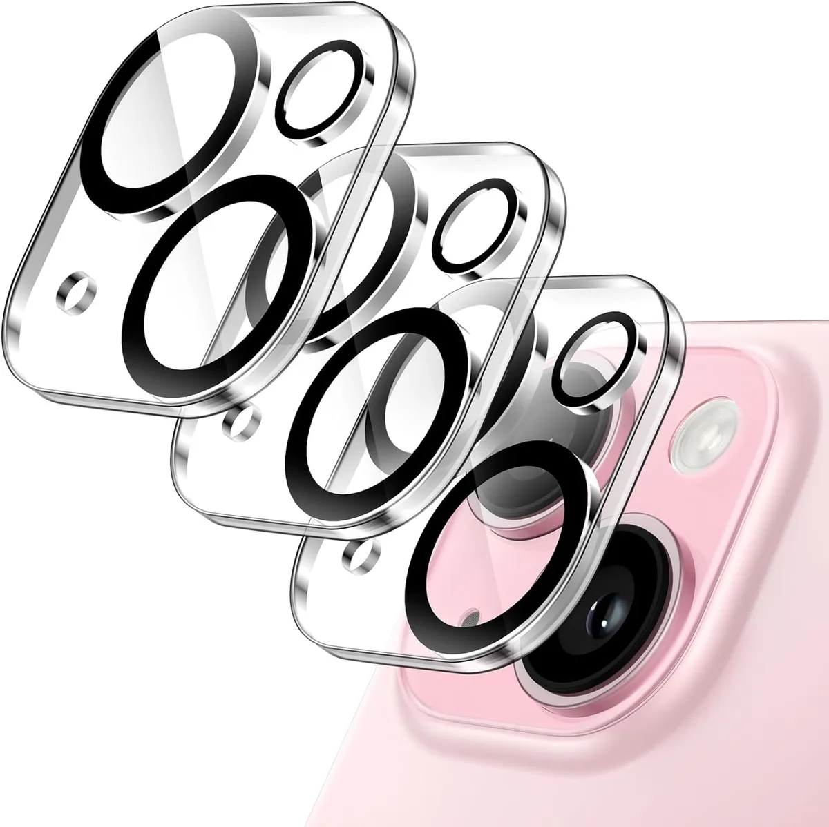 Three clear tempered glass camera lens protectors for iPhone 15 6.1 and 6.7 inch