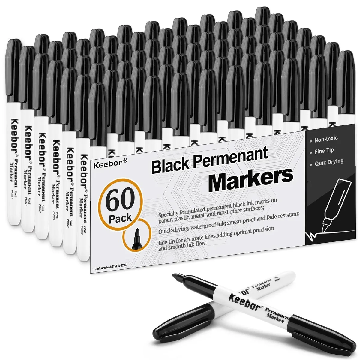 Box of sixty black fine-point permanent markers, white barrels with black caps