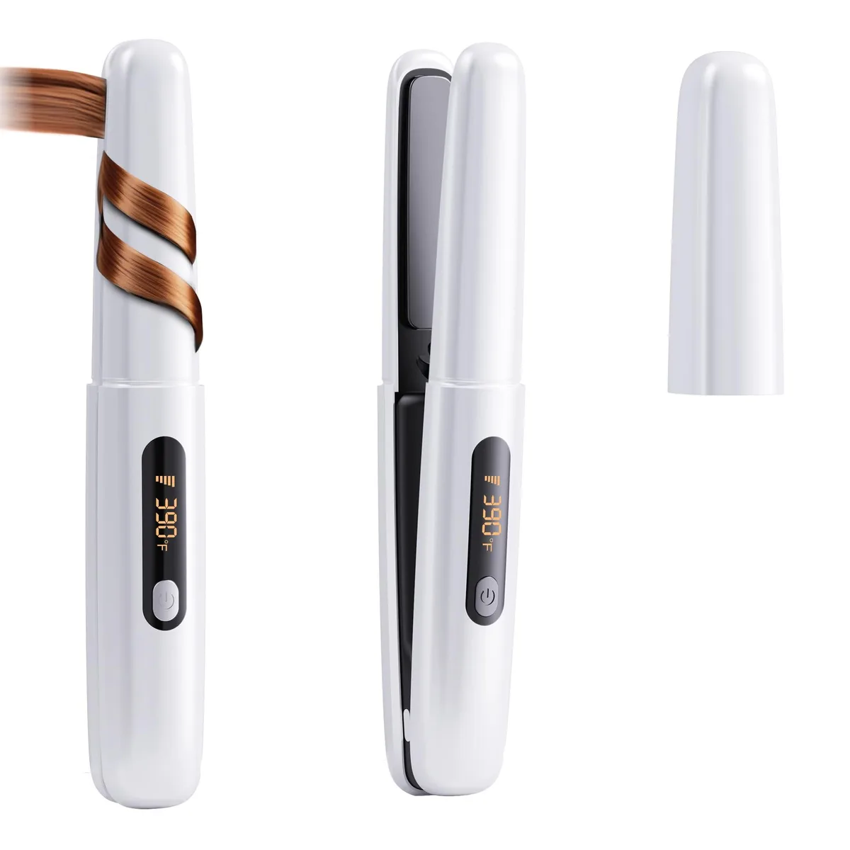 White cordless 2-in-1 ceramic flat iron, slim cylindrical body with 18mm plates and LCD display