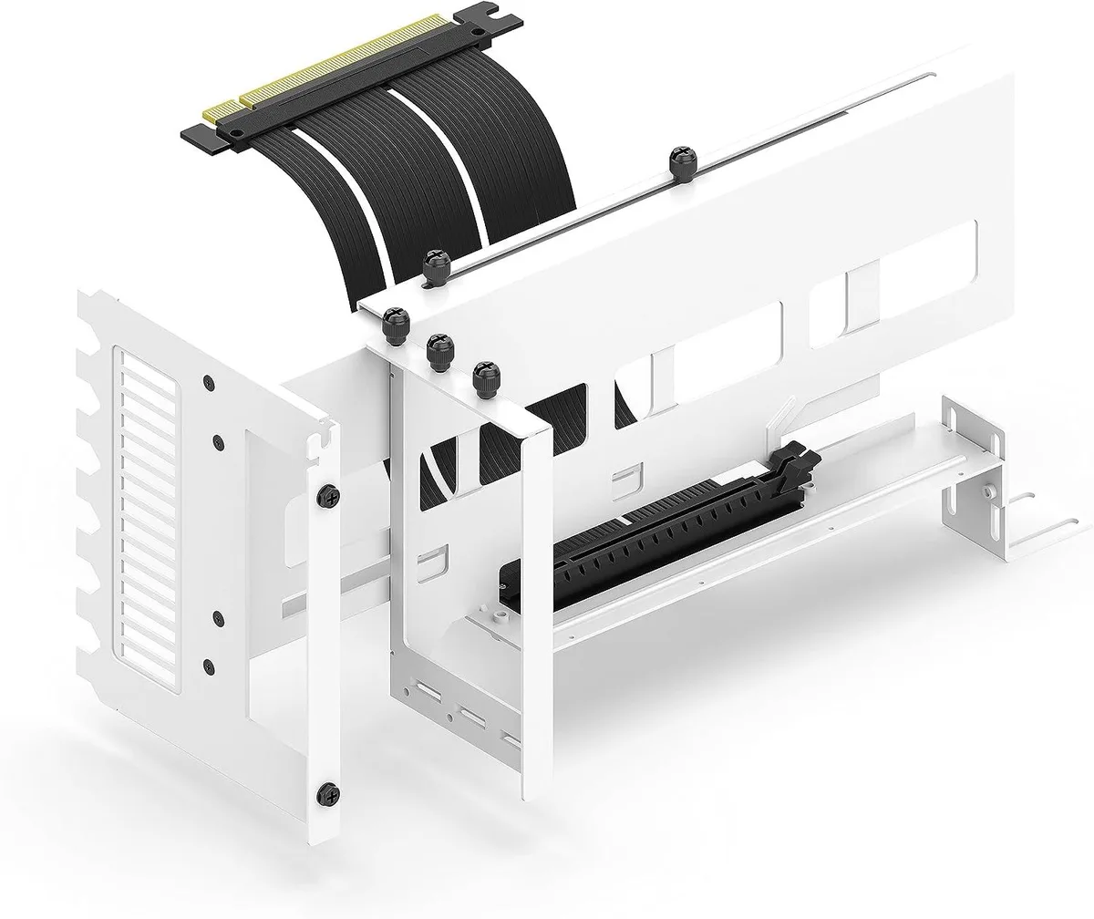 White vertical GPU bracket with 90-degree PCIe 4.0 riser cable and ARGB LED module