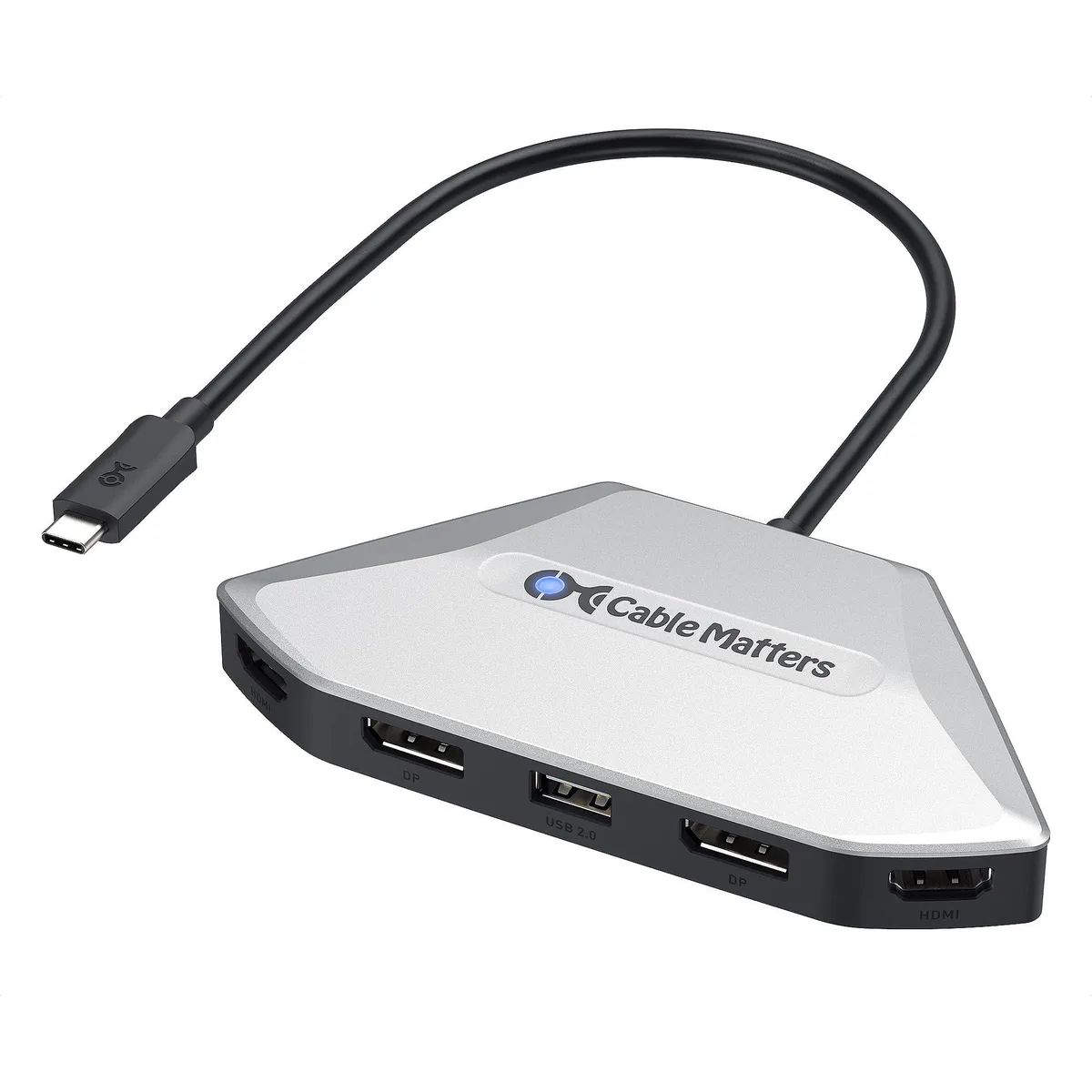 Silver rectangular adapter with USB-C cable and multiple display ports