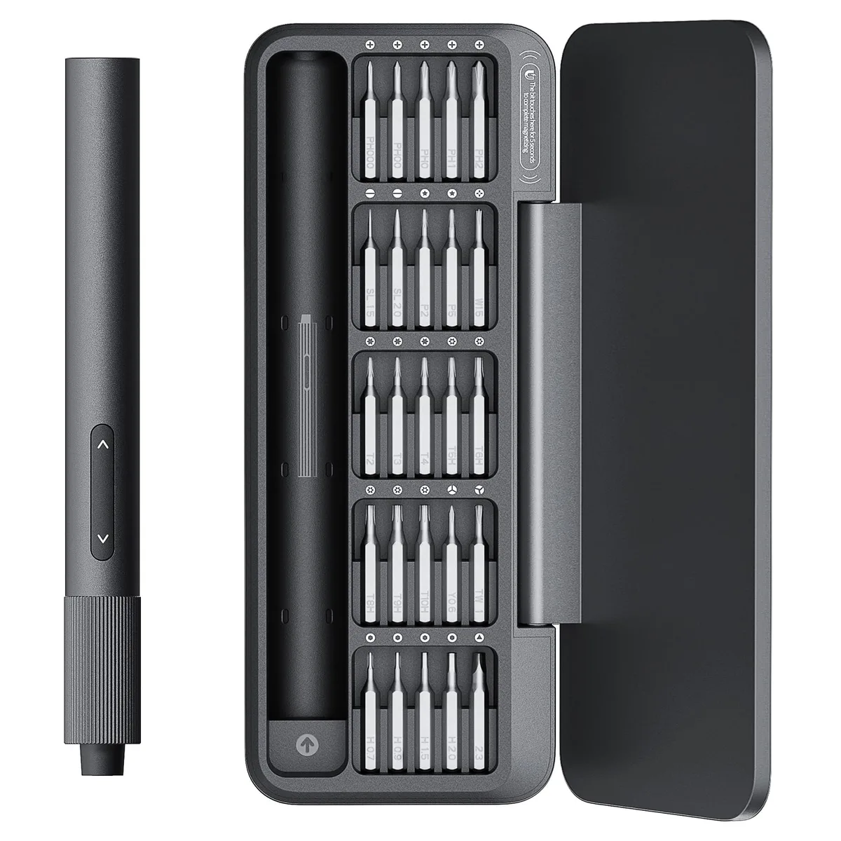 Compact dark grey aluminium electric screwdriver with magnetic bit storage case