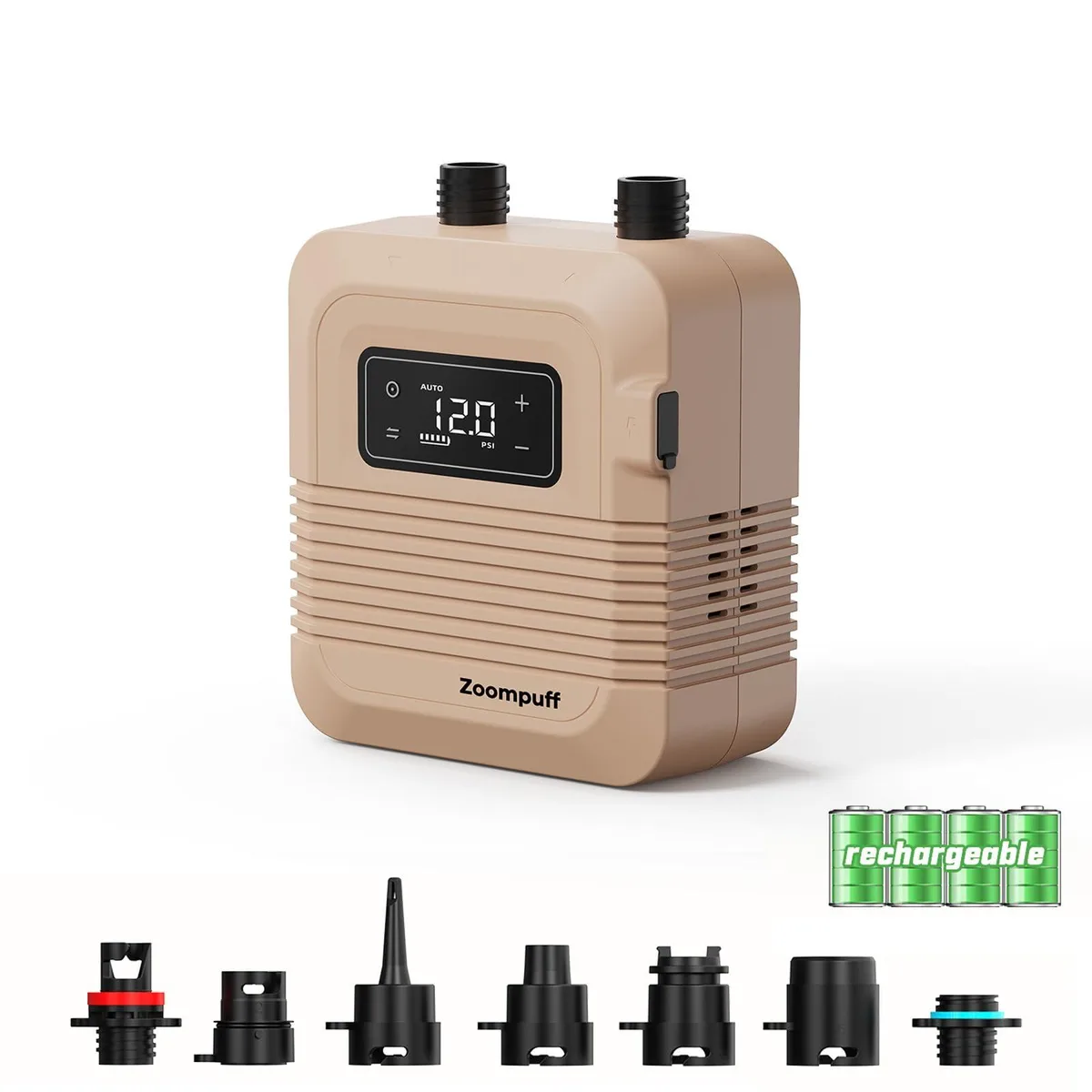 Compact grey plastic electric SUP pump with digital display and hose, 15.7 by 17.2 by 19.3 cm