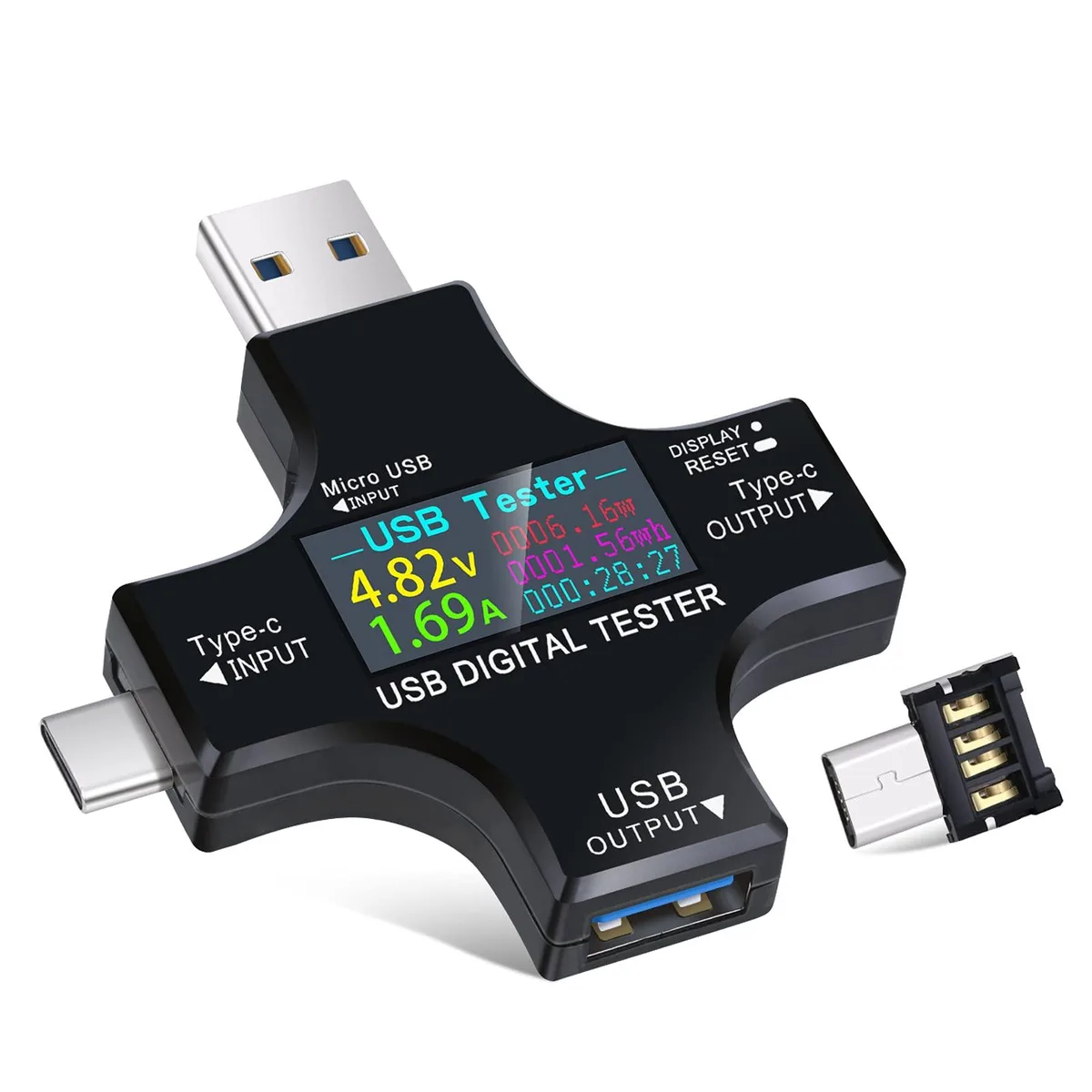 Compact rectangular USB-C power meter with color LCD screen, 60 by 60 by 11 millimeters, matte finish
