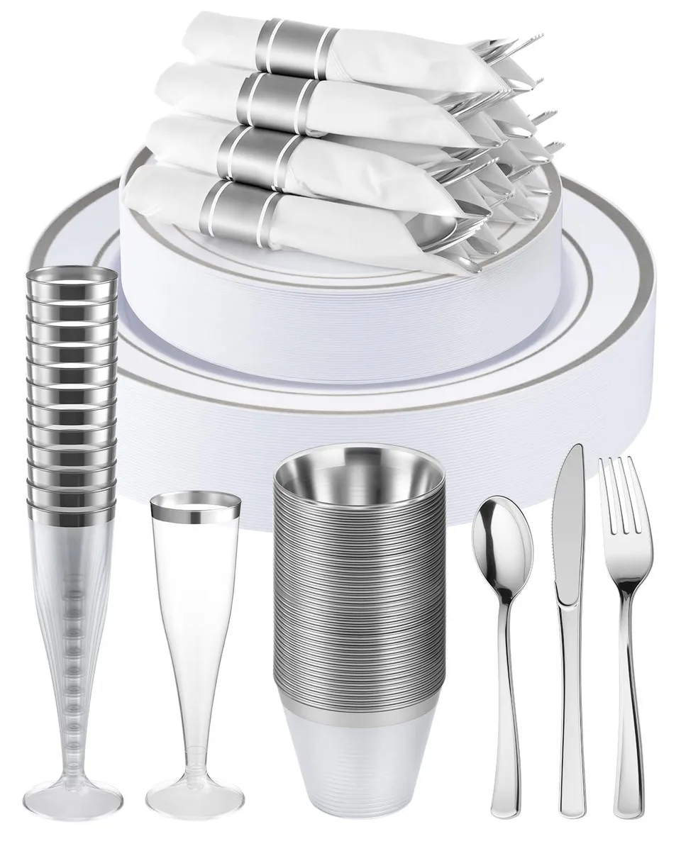 Gibson 320 PCS Disposable Silver White Dinnerware Set for 40 Guests — product photo