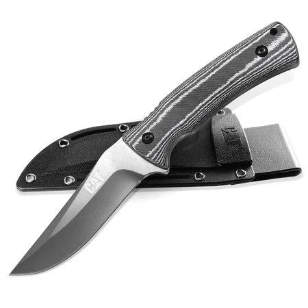 CAT 980013 fixed blade knife with dark coated drop point blade and tan micarta handle