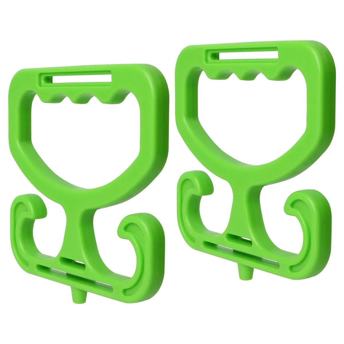Two green plastic grocery bag carriers with ergonomic handles