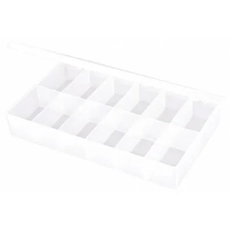 Clear plastic compartment box with twelve fixed sections and snap closure