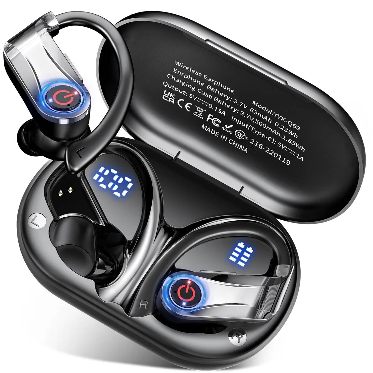 Black true wireless earbuds with earhooks in a wireless charging case with digital display
