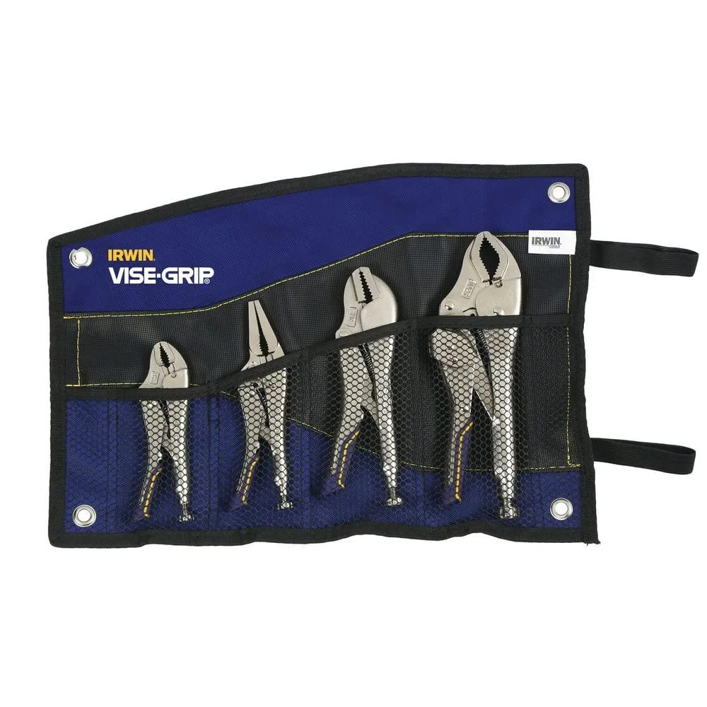 Four curved-jaw locking pliers in a kit bag, alloy steel with blue grips