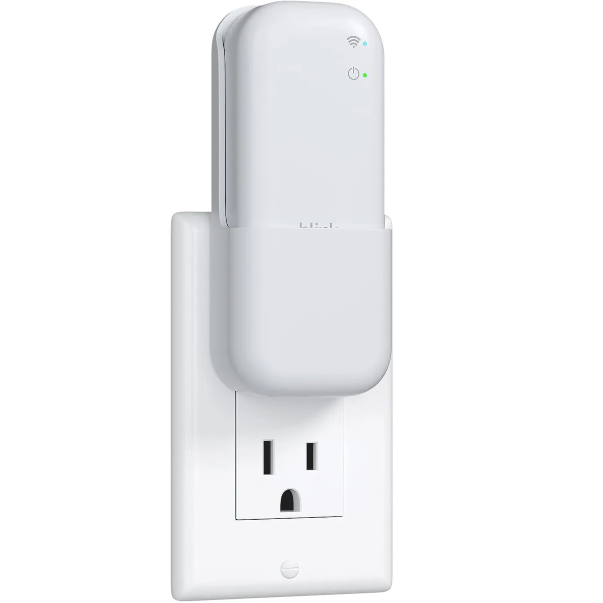 White plastic wall outlet mount with integrated Blink Sync Module Core cradle and built-in power adapter