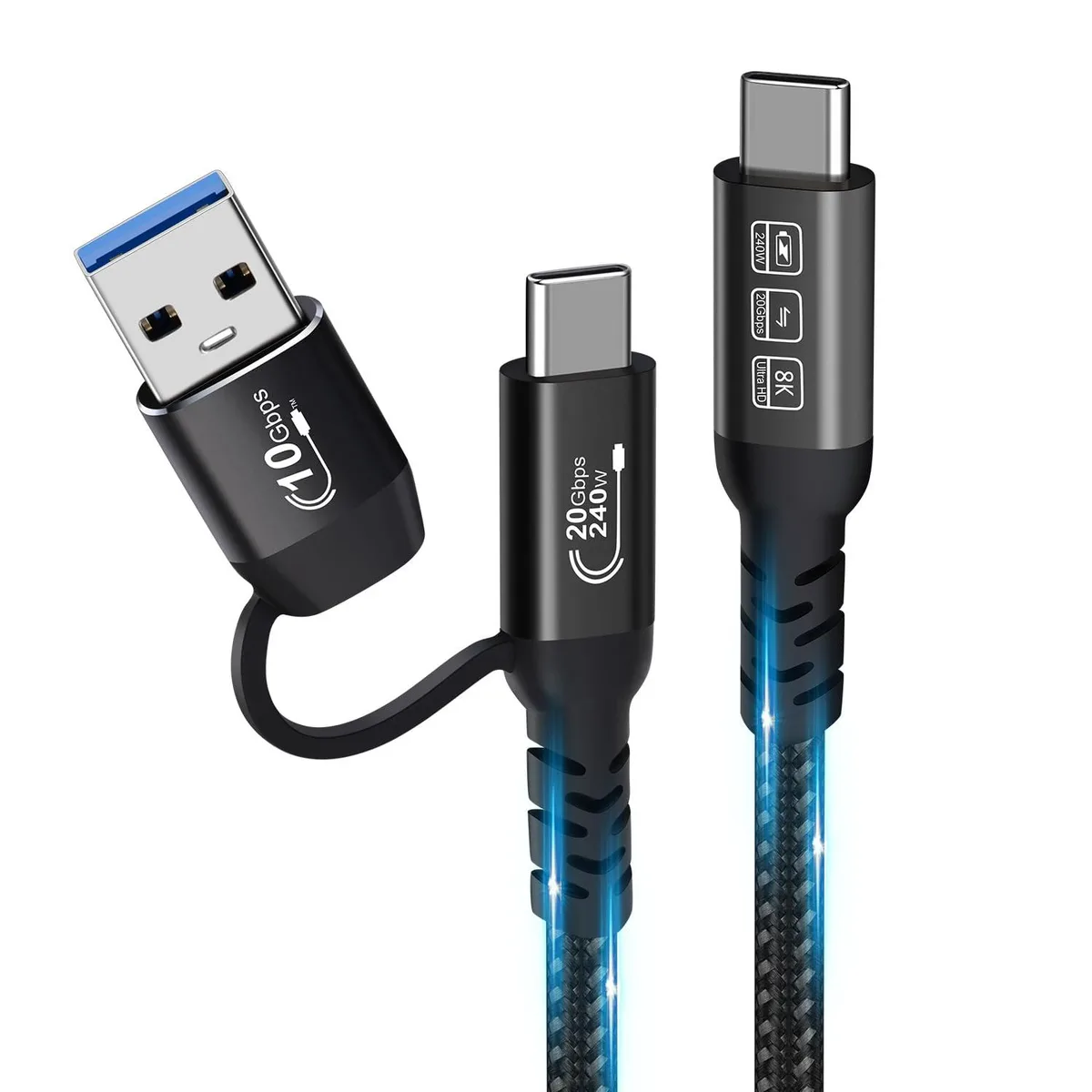 Black nylon-braided USB-C cable with USB-A adapter, 200 cm