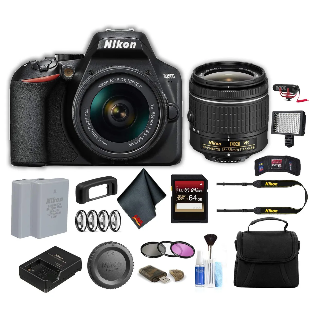 Nikon International Nikon D3500 DSLR Camera 18-55mm Advanced Bundle Rode VideoMic GO 64GB SDXC 160 LED Light — product photo