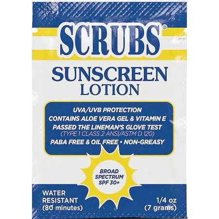 Box of 100 white sunscreen packets, 0.25 oz each, SPF 30