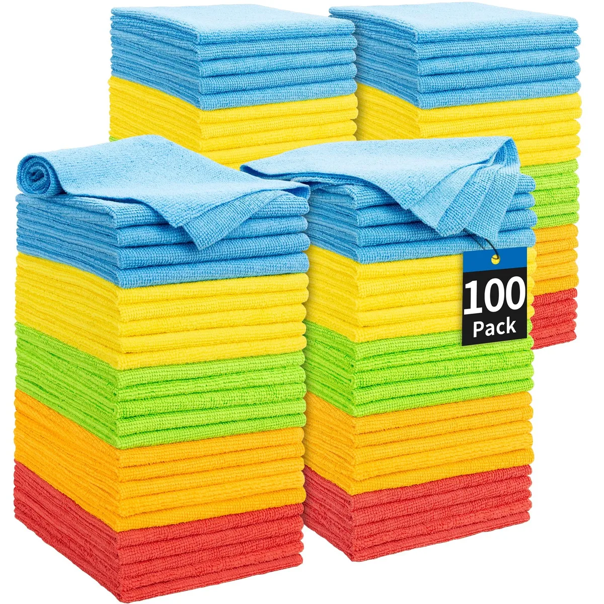 Blue microfiber cloths stacked in bulk, 11.5 inch square, lint free, 100 pack