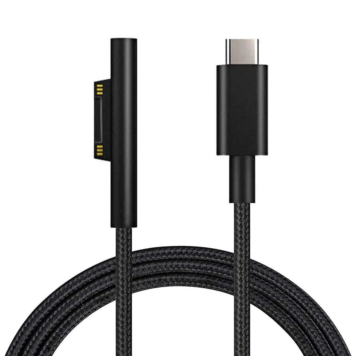 Black nylon-braided cable with Surface Connect and USB-C metal plugs, 6 ft