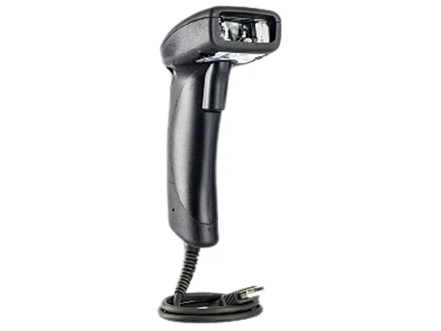 Black handheld corded barcode scanner with straight USB cable