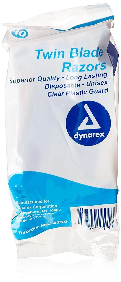 Box of 50 blue disposable twin-blade razors with textured handles and clear guards