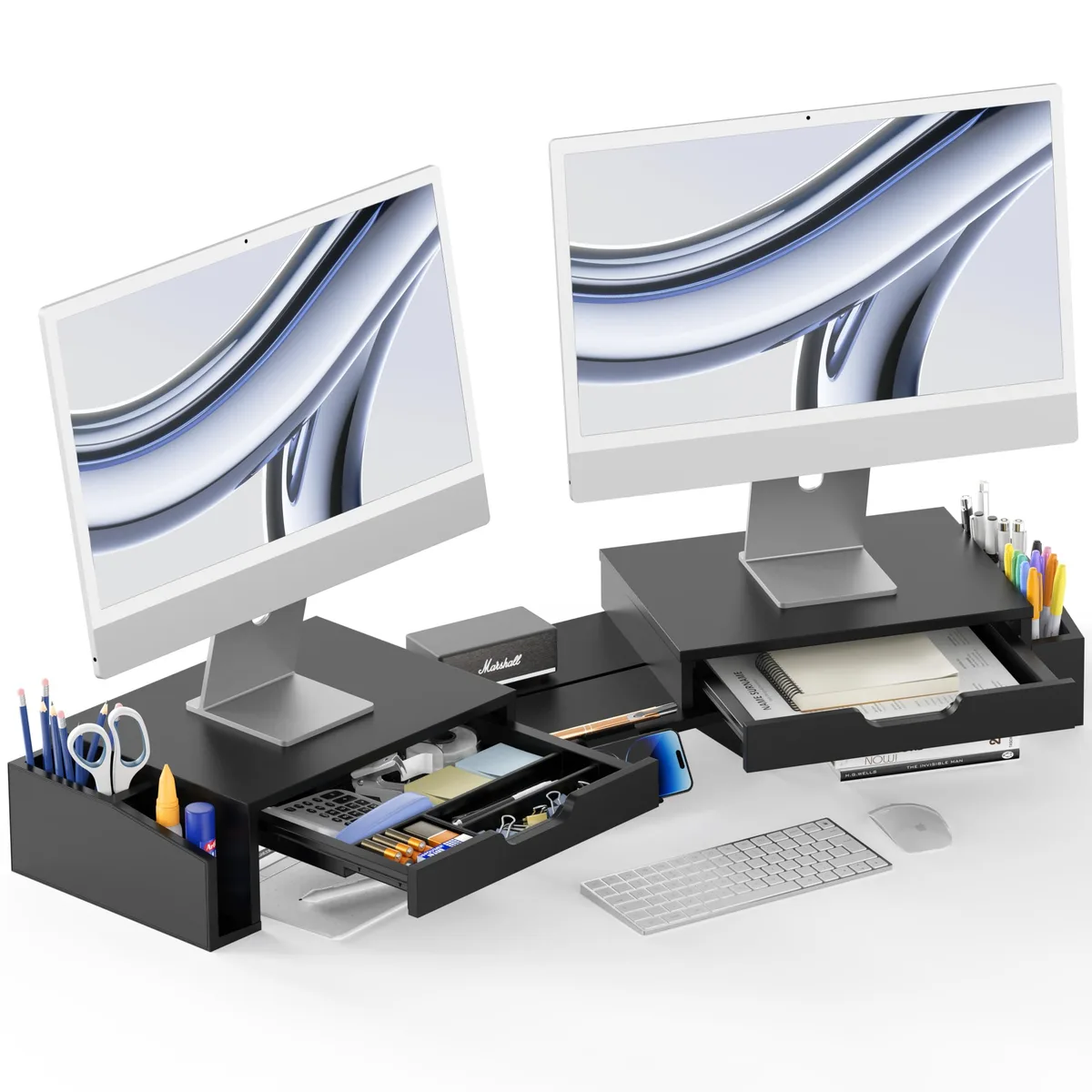 Black dual monitor stand riser with pull-out drawers and side caddies, adjustable angles