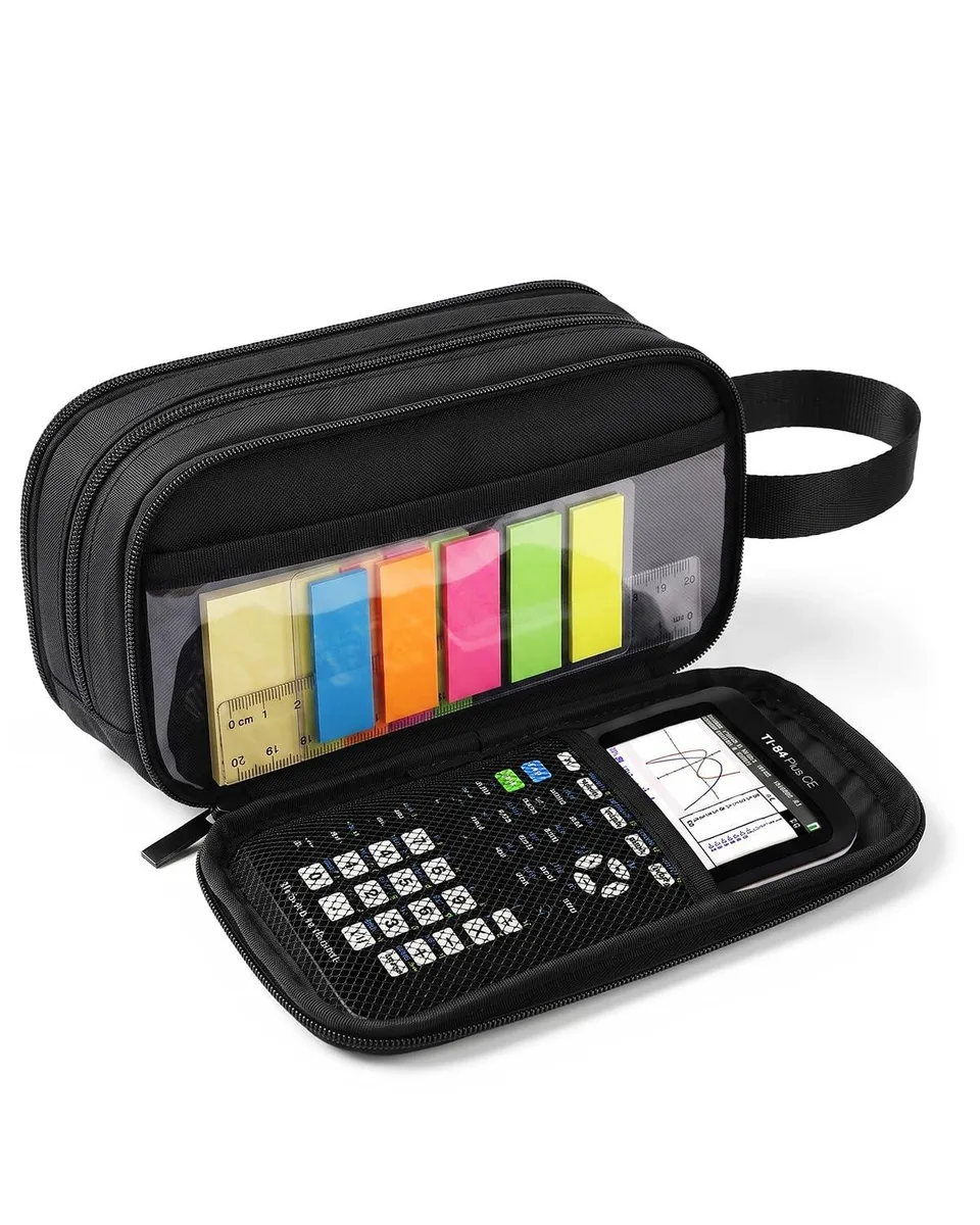 Black polyester expandable pencil case with handle and front zip pocket