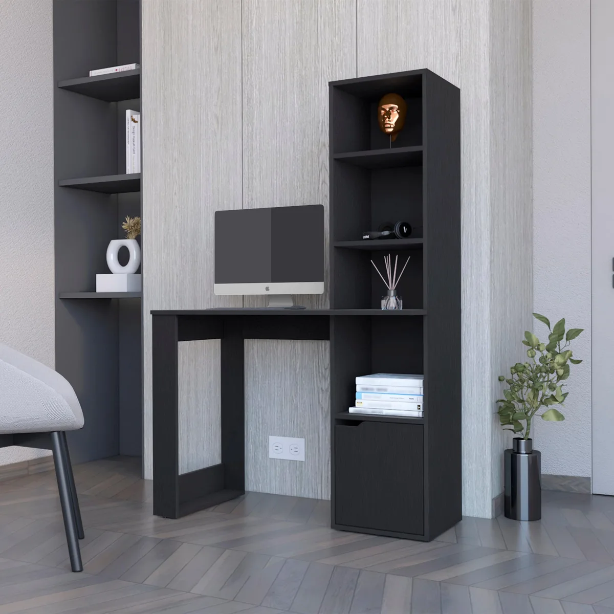 FM FURNITURE FM FURNITURE Anson Computer Desk with 4-Tier Bookcase and 1-Door Cabinet Black FM9015ELW — product photo