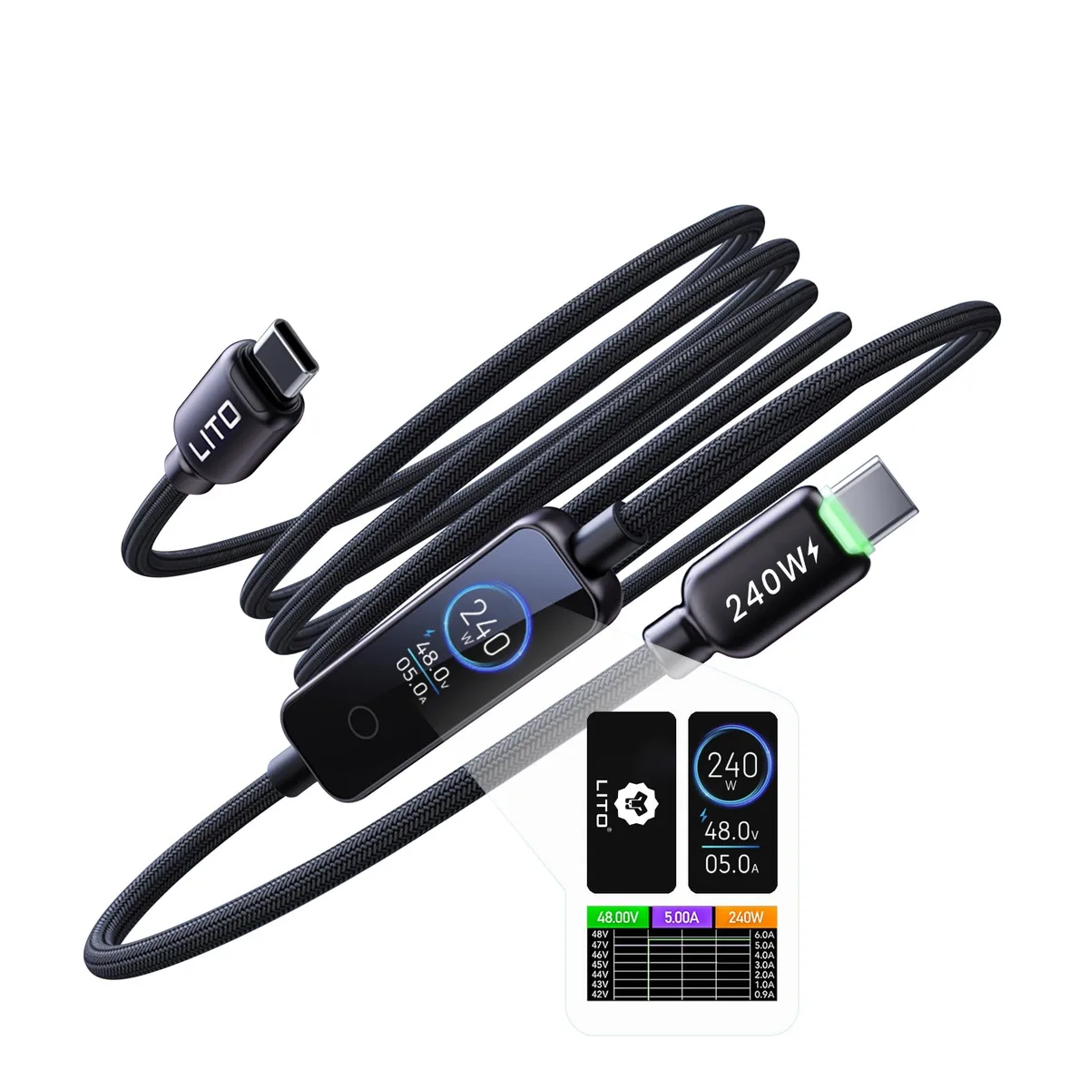 Braided USB-C cable with colour TFT touch display on one connector, four-foot length