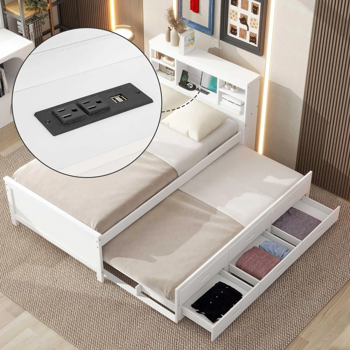 White twin platform bed with storage headboard, USB ports, pull-out trundle and three drawers
