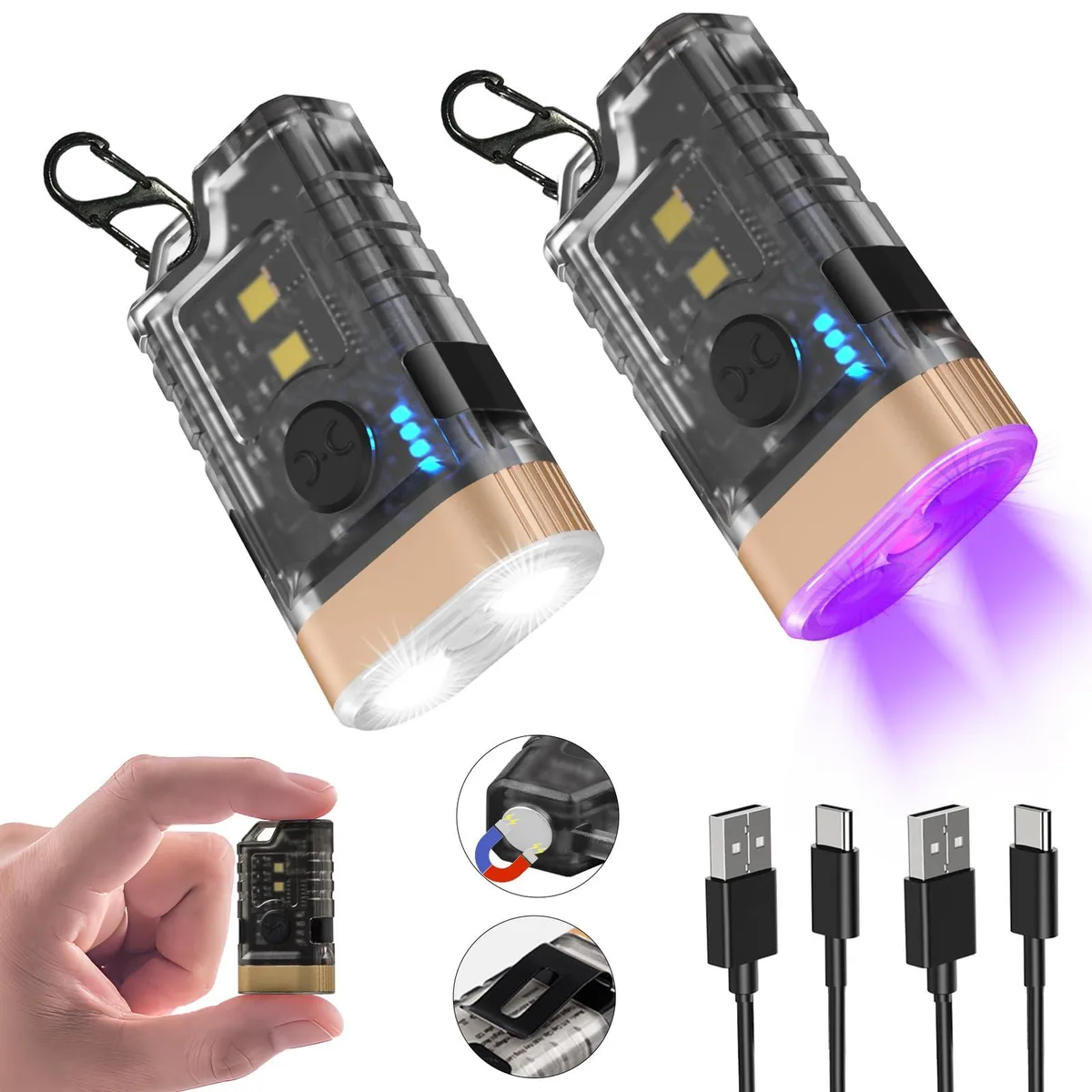 Two compact aluminium flashlights with pocket clips and magnetic tails, matte finish, shown side by side