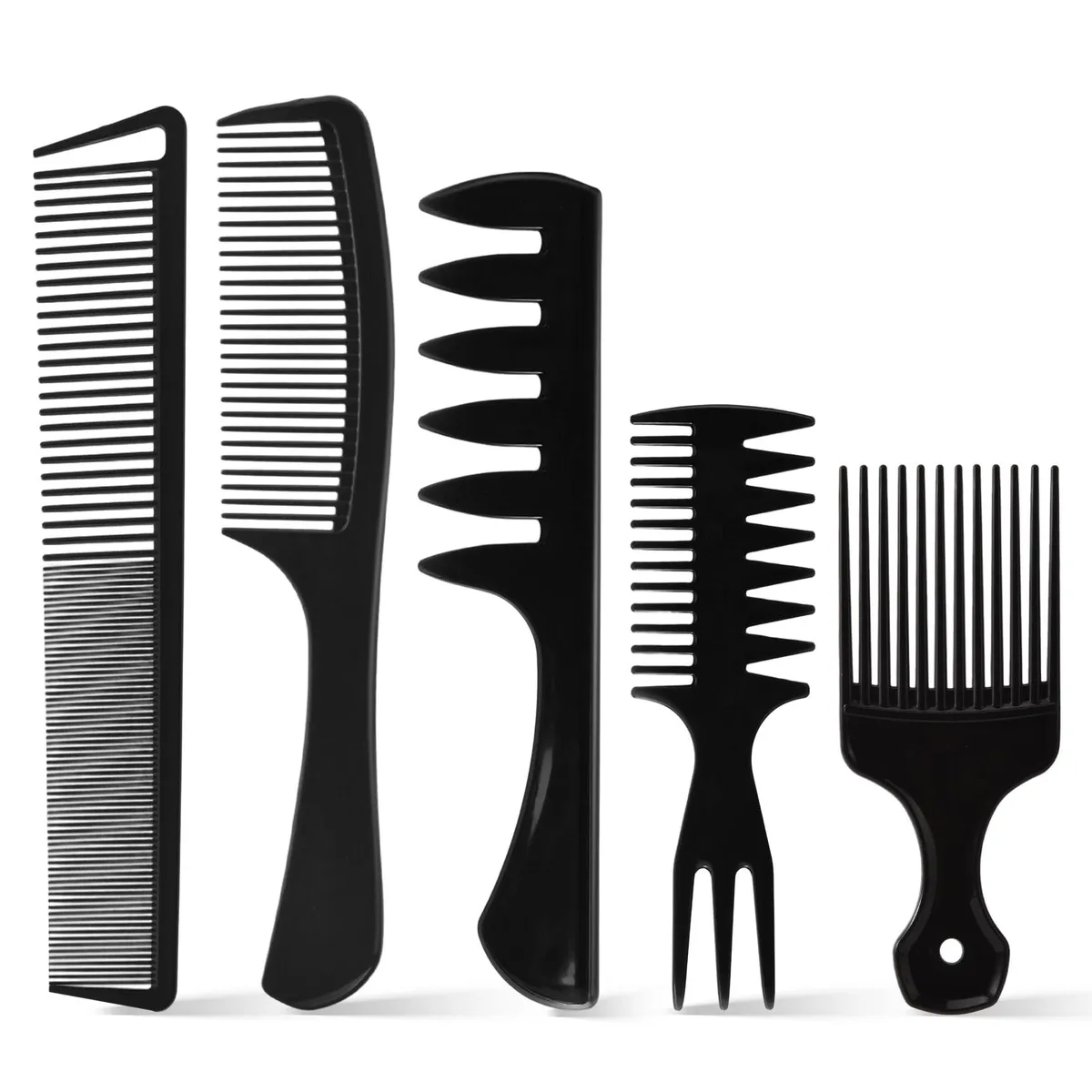Five black carbon-fibre combs of varied tooth spacing lying flat