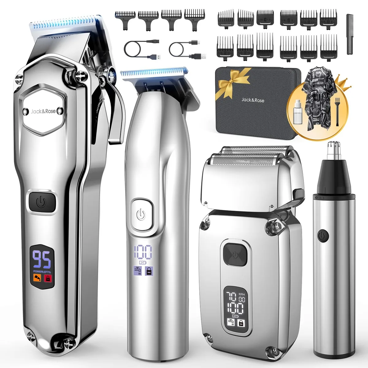 Black 4-in-1 grooming kit with clipper, T-blade trimmer, nose trimmer, 0mm shaver, guide combs, oil, brush, apron, USB cables and pouch