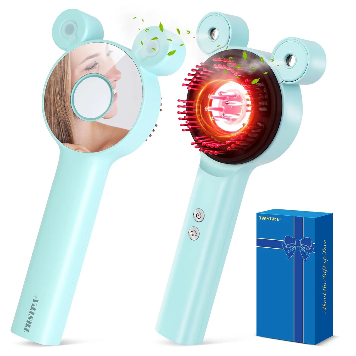 Blue handheld electric scalp massager with comb teeth and spray nozzle