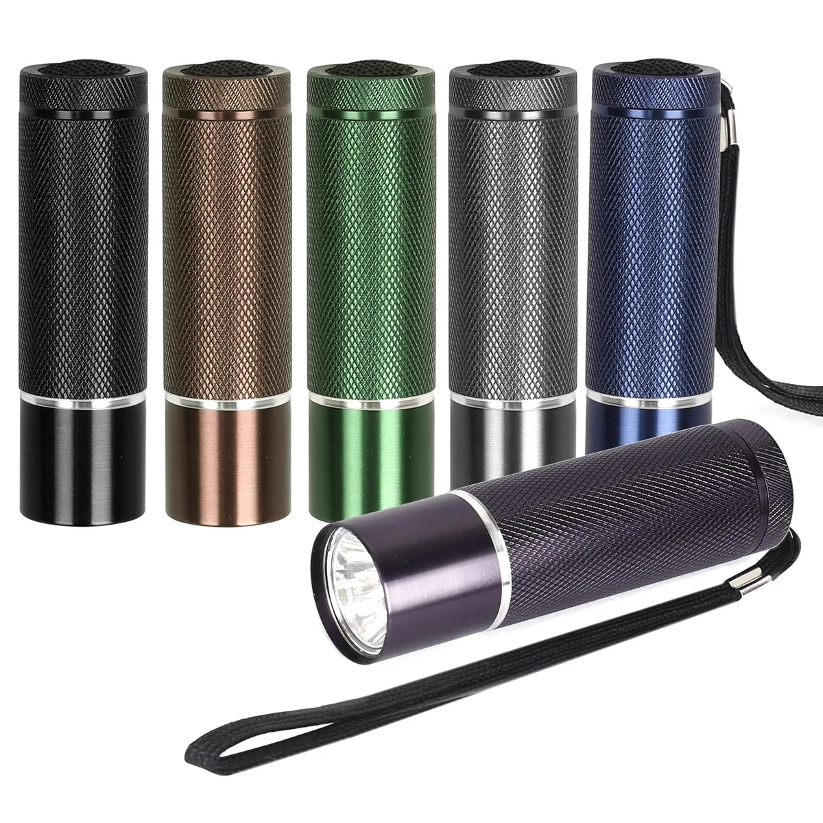 Six small aluminium flashlights in assorted colours, each with a rear push button and lanyard